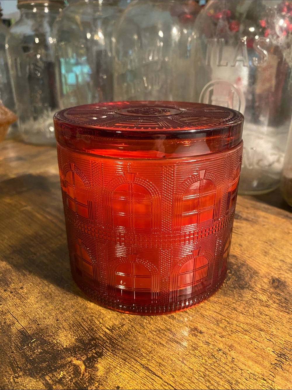Embossed Red Glass Jar Candle Holder with Lid